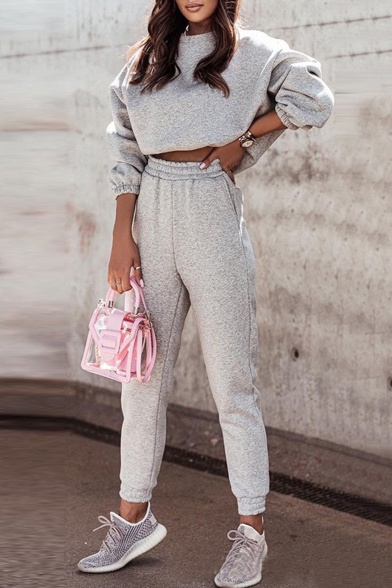 Fashion Casual Solid Basic O Neck Long Sleeve Two Pieces