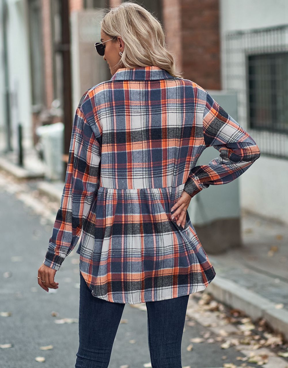 Lapel Long Sleeve Casual Check Shirt