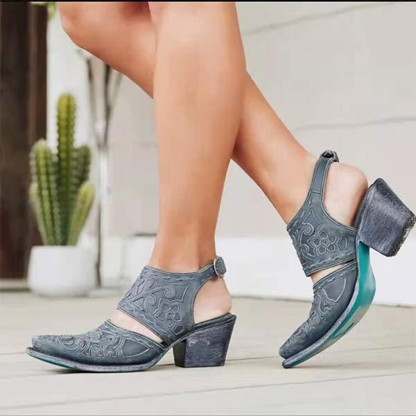 Women's Fashion Embroidered Square Toe Chunky Heel Backless Sandals 95982363C