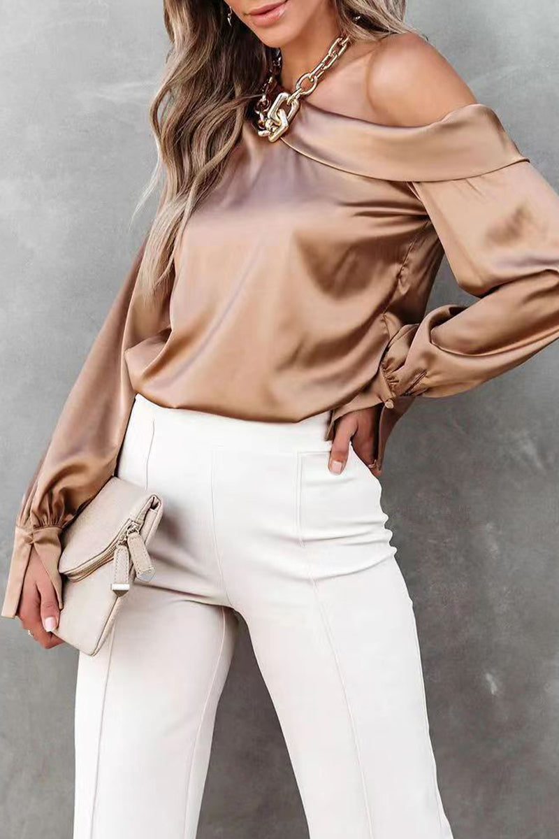 Casual Elegant Solid Patch Solid Color Oblique Collar Tops