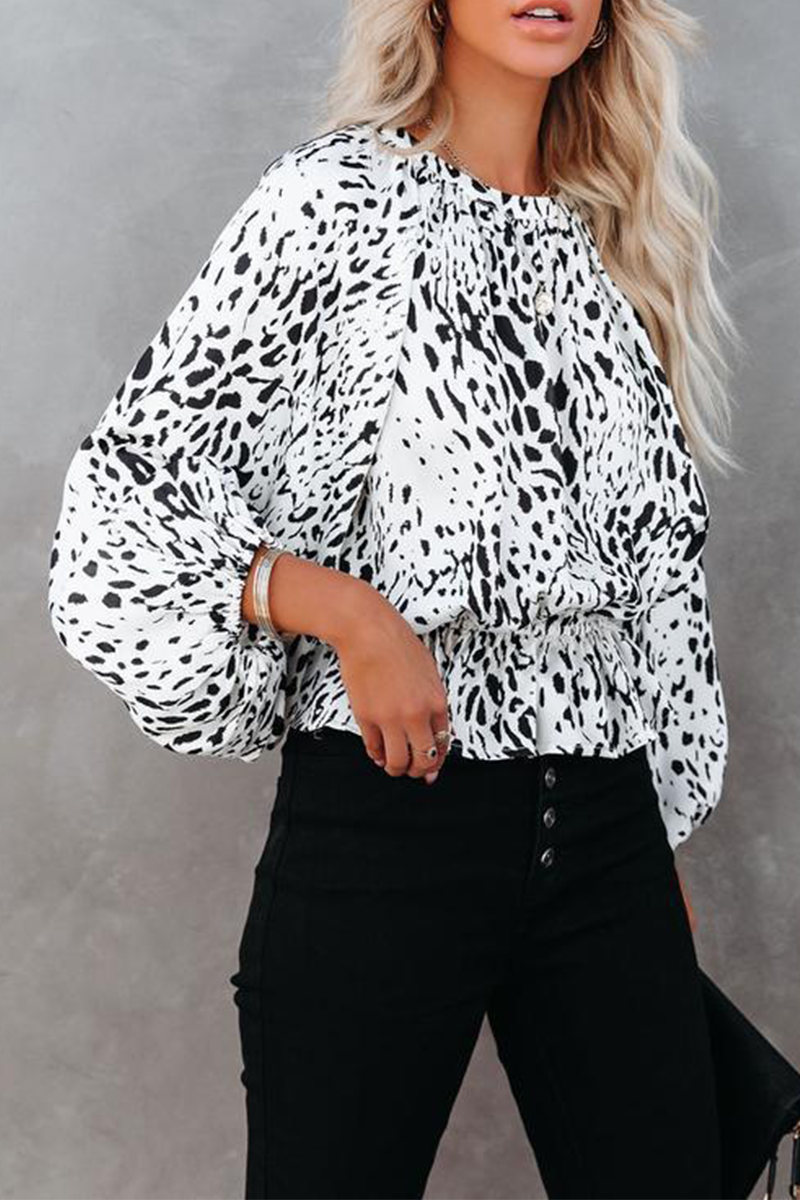 Elegant Leopard Patchwork Fold O Neck Blouses