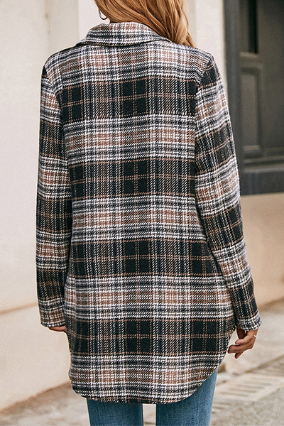 Casual Plaid Patchwork Buckle Turndown Collar Outerwear