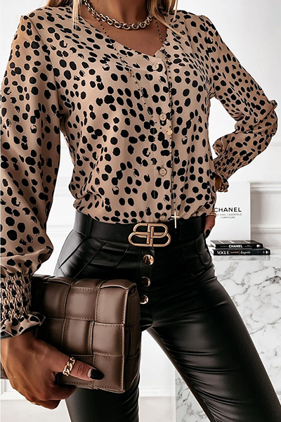 Casual Print Buckle Fold V Neck Tops(3 colors)