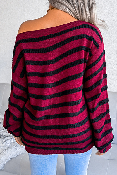Casual Striped Split Joint Contrast Off the Shoulder Tops