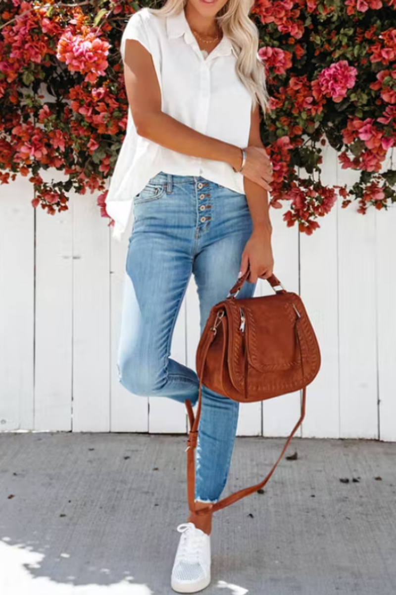 Casual Solid Patchwork Turndown Collar Tops(6 colors)