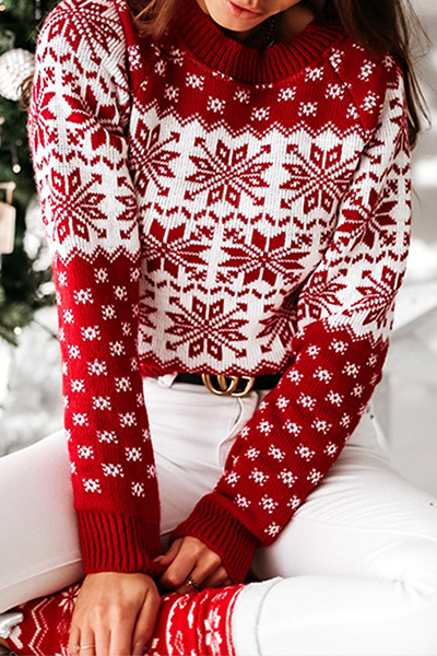 Casual Snowflakes Contrast O Neck Tops Sweater