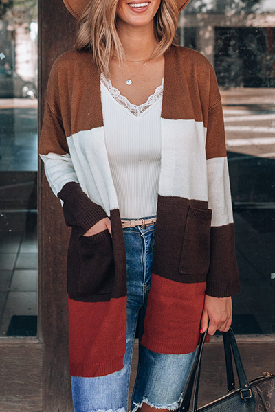 Casual Patchwork Pocket Contrast Tops Sweater
