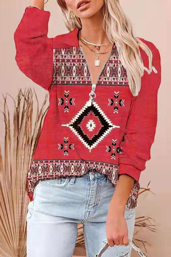 Fashion Casual Geometric Split Joint Zipper Turndown Collar Tops
