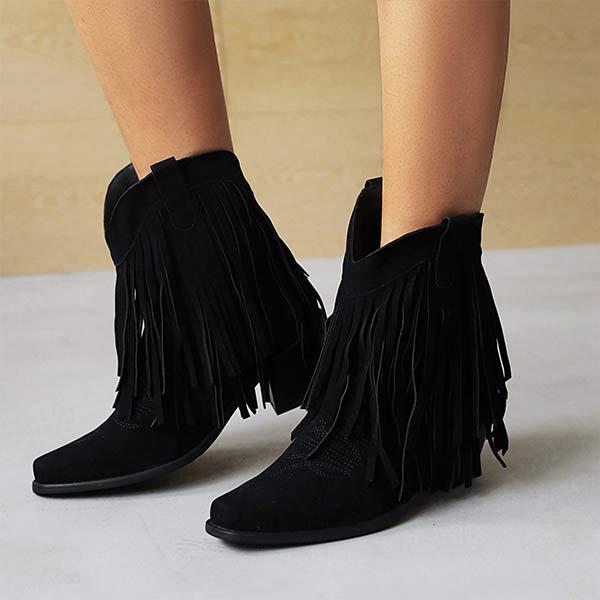 Women's Fashion High Heel Suede Low-Calf Fringe Boots 82434368C