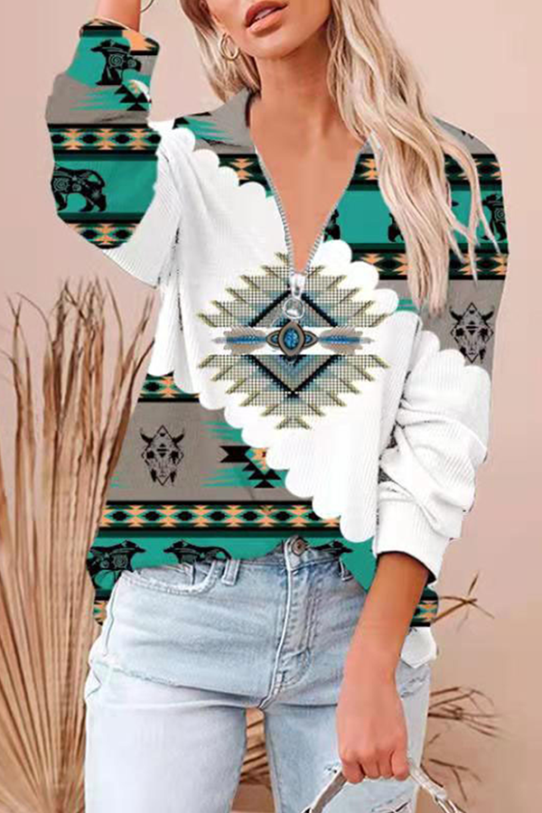 Fashion Casual Geometric Split Joint Zipper Turndown Collar Tops