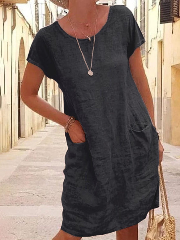 Loose Solid Round Neck Short Sleeve Pocket Linen Dress