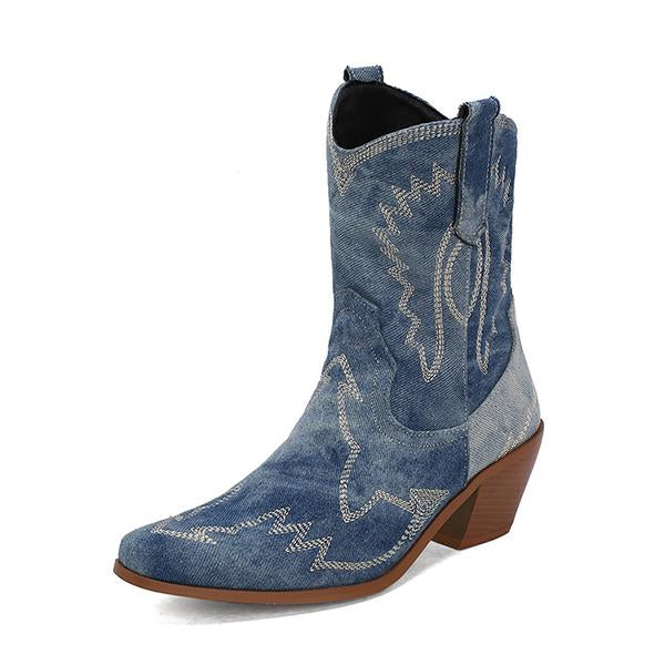 Women's Fashion Denim Embroidered Chunky Heel Booties 38966593S