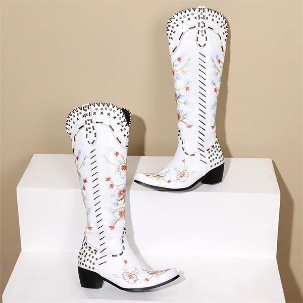 Women's Embroidered High-Calf Mid-Heel Cowboy Boots 17883004C