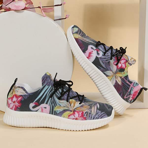 Women's Flat Lace-Up Flying Woven Breathable Printing Graffiti Casual Sneakers 43665814C