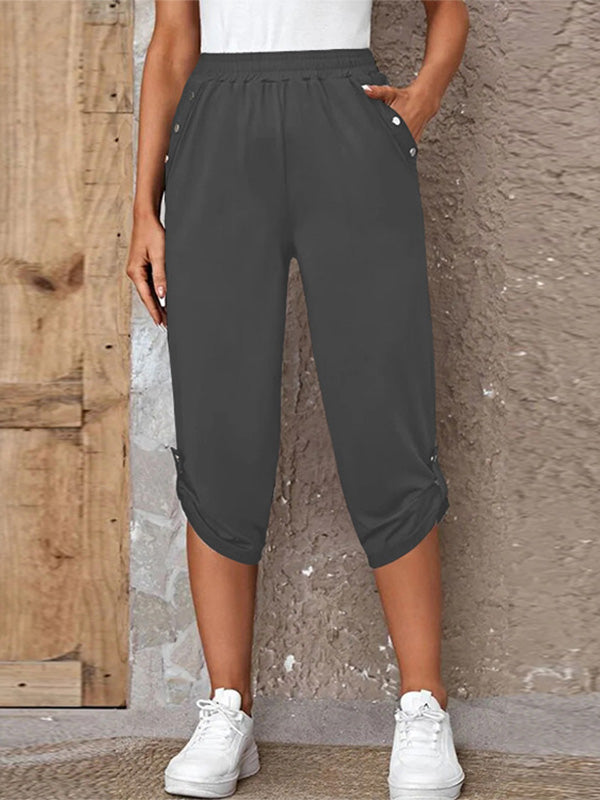 Women's Solid Button Detail Roll Up Hem Capri