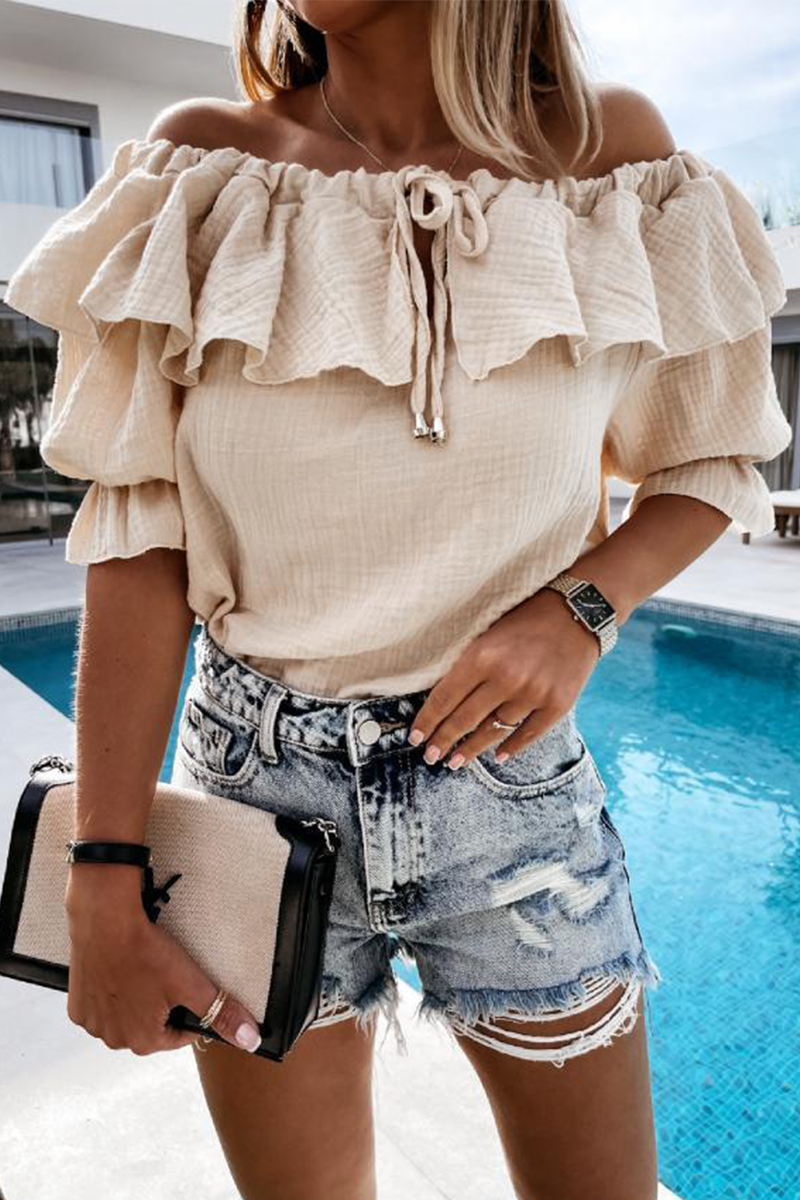 Casual Street Solid Frenulum Flounce Off the Shoulder Tops(4 Colors)