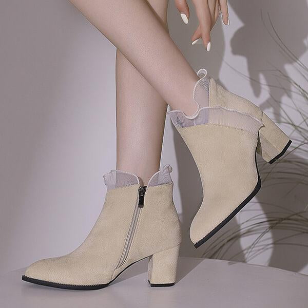 Women's Elegant Lace Trim Chunky Heel Ankle Boots 41832404S