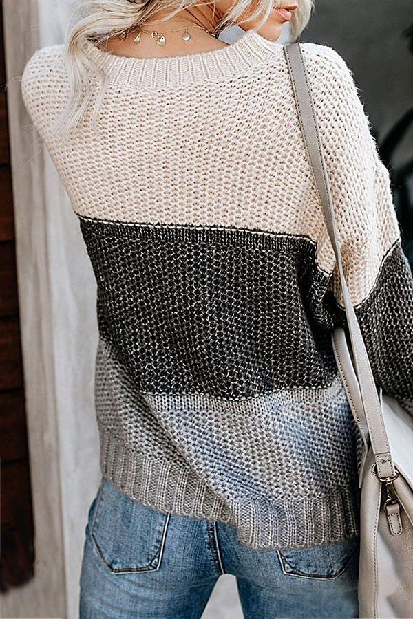Casual Patchwork Basic Contrast O Neck Tops Sweater
