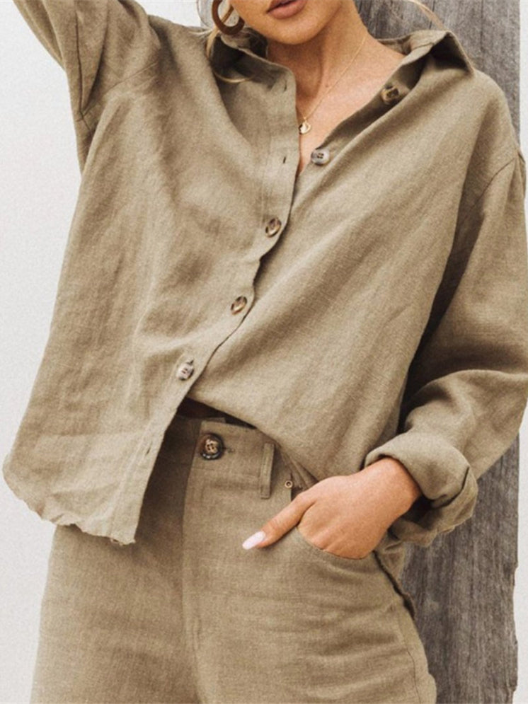 Women's Loose Long-Sleeved Solid Color Linen Top