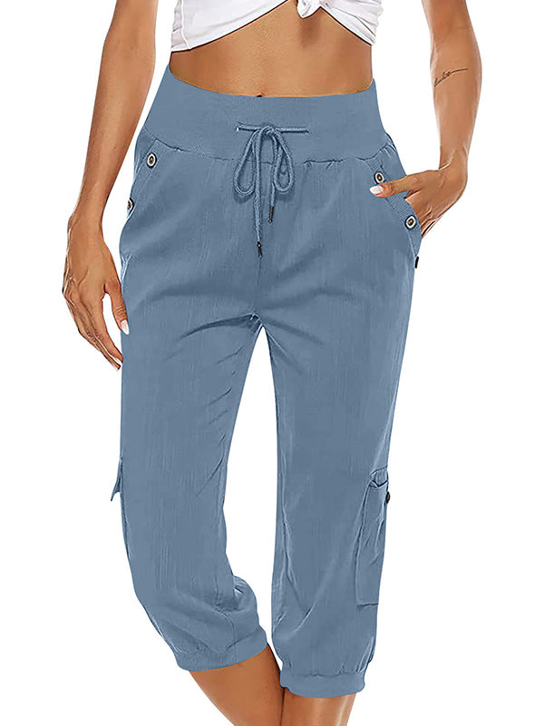 Women's Drawstring Cargo Pants Elastic Waist Casual Capri