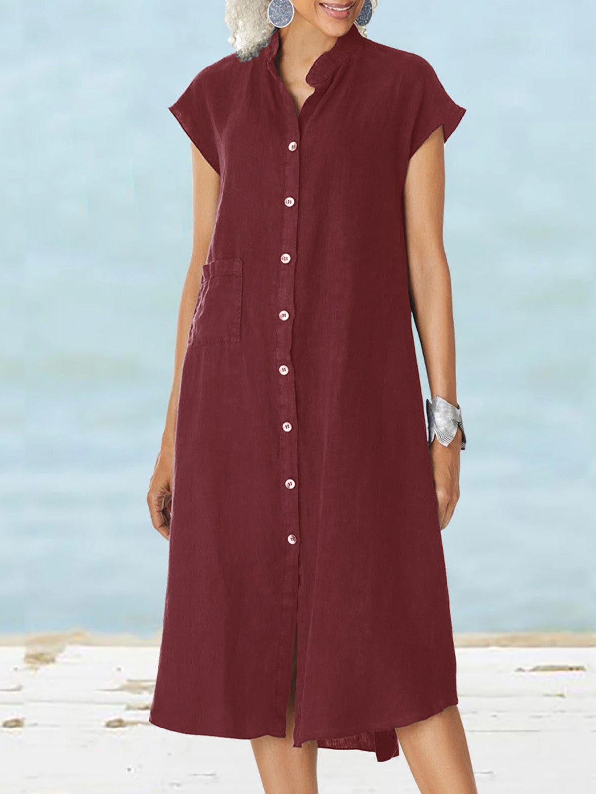 Loose V-Neck Short Sleeve Button Solid Color Linen Dress