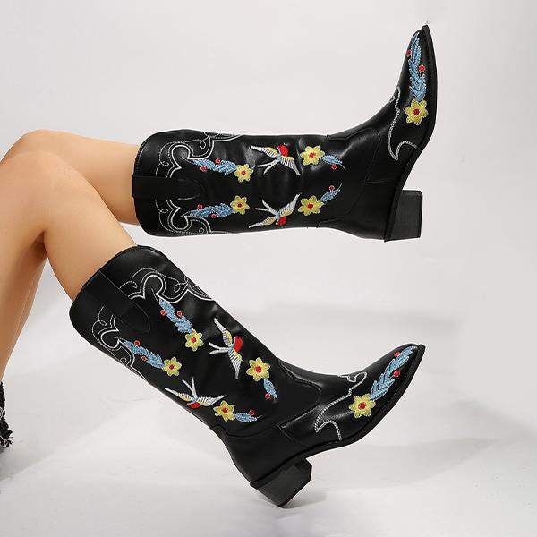 Women's Fashion Embroidered Chunky Heel Mid-calf Boots 08010244S
