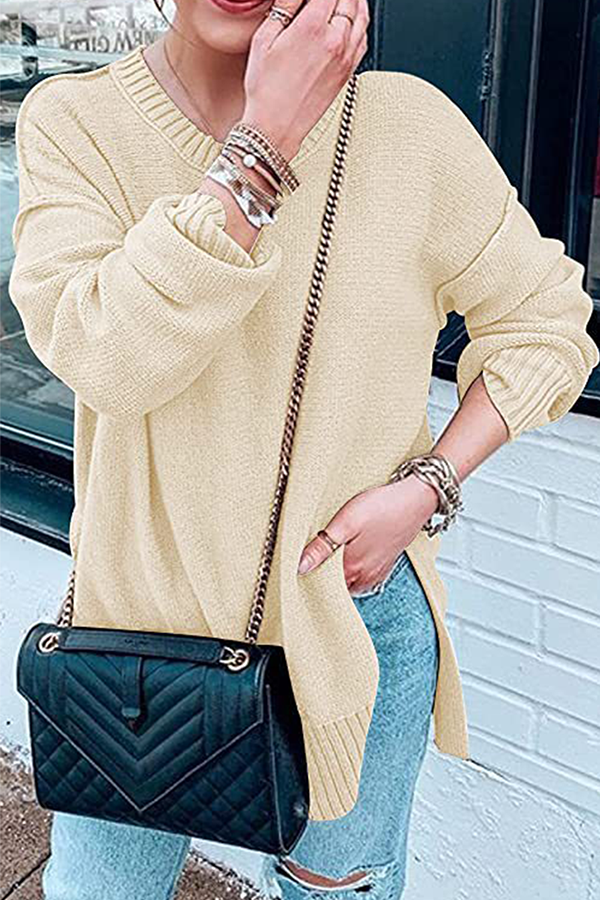 Casual Solid Patchwork Slit O Neck Tops Sweater
