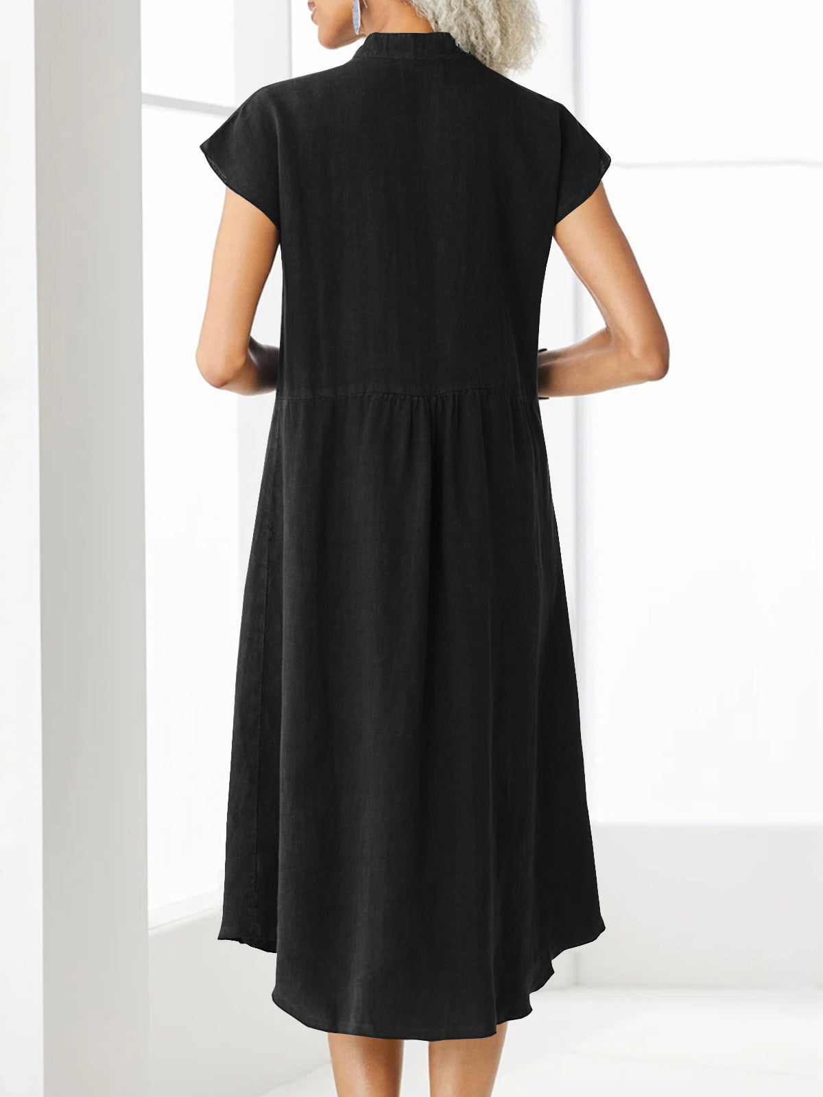 Loose V-Neck Short Sleeve Button Solid Color Linen Dress