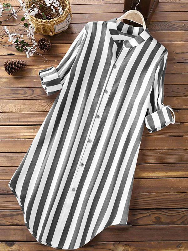 Women's Striped Print Casual Blouse With Buttons