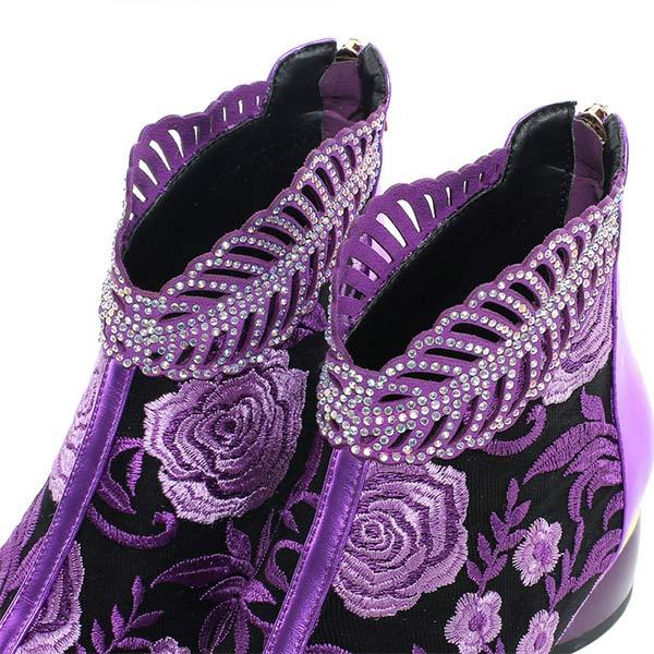 Women's Embroidered Rhinestone Chunky Heel Martin Boots 58815161C