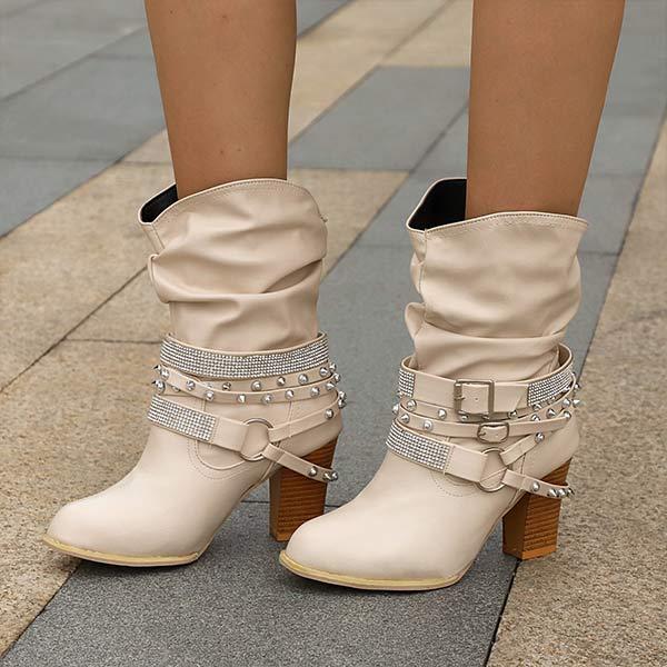 Women'S Chunky Heel Rhinestone Belt Buckle Round Toe Boots 02680696C
