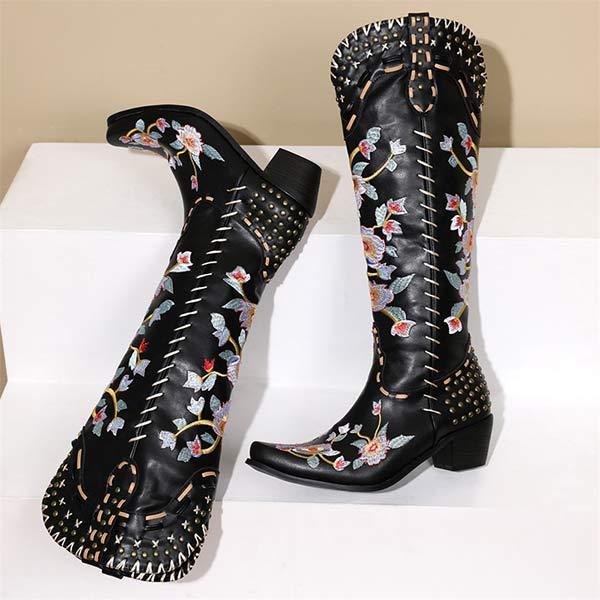 Women's Embroidered High-Calf Mid-Heel Cowboy Boots 17883004C