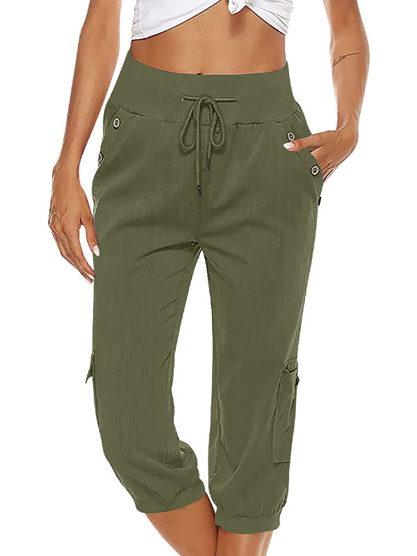 Women's Drawstring Cargo Pants Elastic Waist Casual Capri