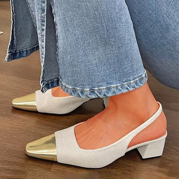 Women's Fashion Retro Square Toe Block Color Chunky Heels 86071368C
