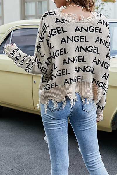 Casual Letter Tassel Split Joint V Neck Tops