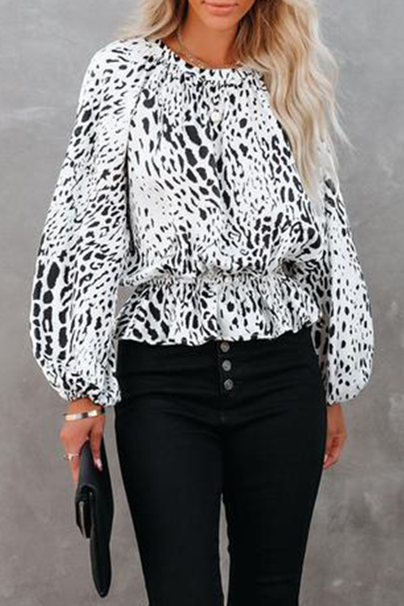 Elegant Leopard Patchwork Fold O Neck Blouses