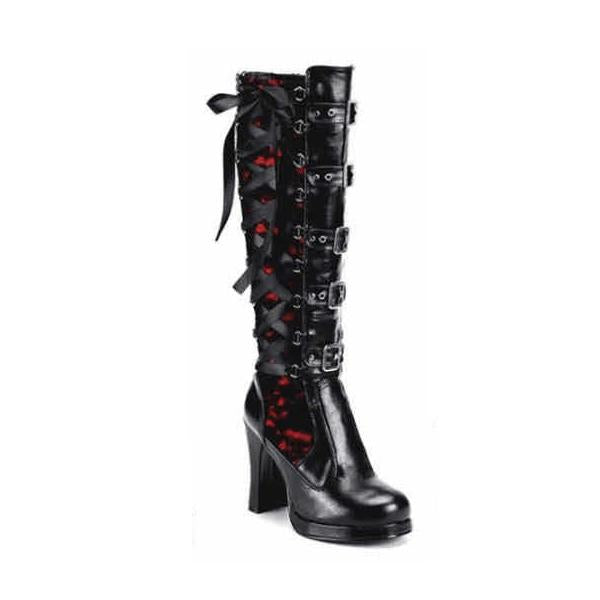 Women's Fashion Belt Buckle Chunky Heel Lace Boots 23869641C