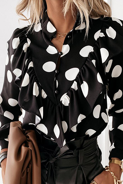 Elegant Print Polka Dot Split Joint Buckle Flounce Mandarin Collar Tops(5 colors)