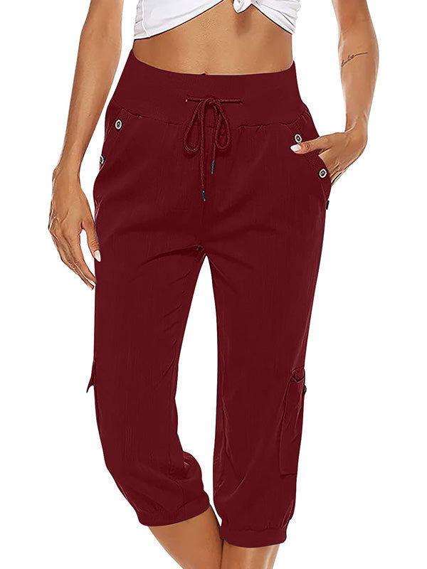 Women's Drawstring Cargo Pants Elastic Waist Casual Capri