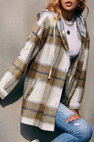 Casual Plaid Draw String Buckle Hooded Collar Outerwear