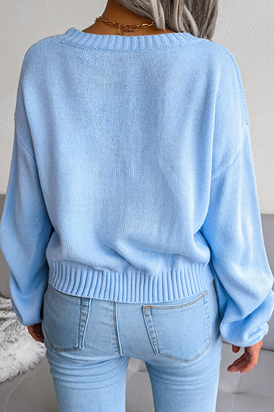 Casual Patchwork Buckle Contrast V Neck Tops Sweater