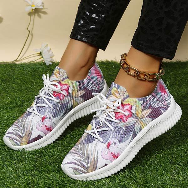 Women's Flat Lace-Up Flying Woven Breathable Printing Graffiti Casual Sneakers 43665814C