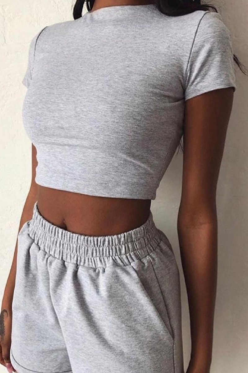 Casual Solid Patchwork Half A Turtleneck Short Sleeve Two Pieces