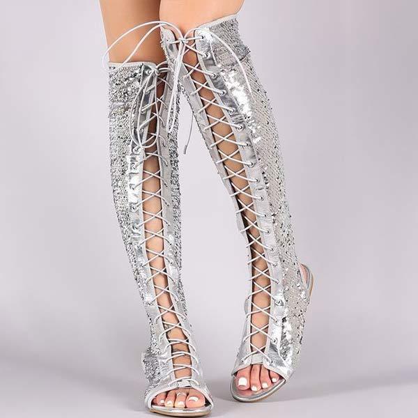 Women's High Shaft Roman Gladiator Sandals with Sparkling Cross Strap and Flat Sole 42928365C