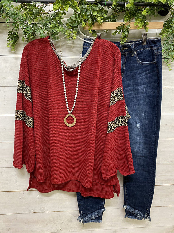 Western Style Women's Leopard Print Stitching Waffle Plaid Top
