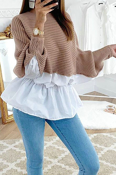 Casual Patchwork Fold Contrast O Neck Tops