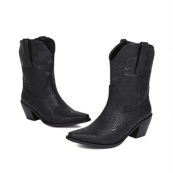 Women's Fashion Embossed Chunky Heel Cowboy Boots Ankle Boots 62876380S