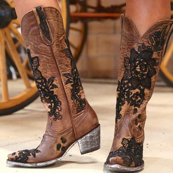 Women'S Embroidered Chunky Heel Rider Boots 59126917C