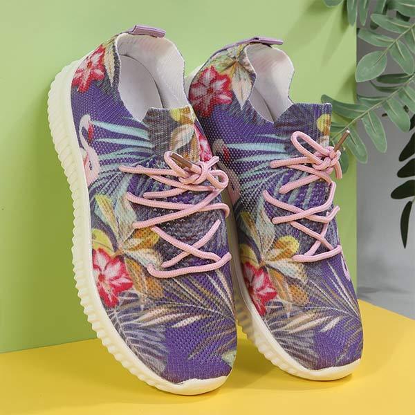 Women's Flat Lace-Up Flying Woven Breathable Printing Graffiti Casual Sneakers 43665814C
