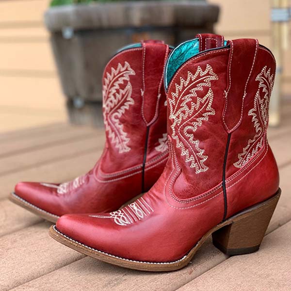 Women'S Embroidered Pointed Toe Chunky Heel Booties 30004646C
